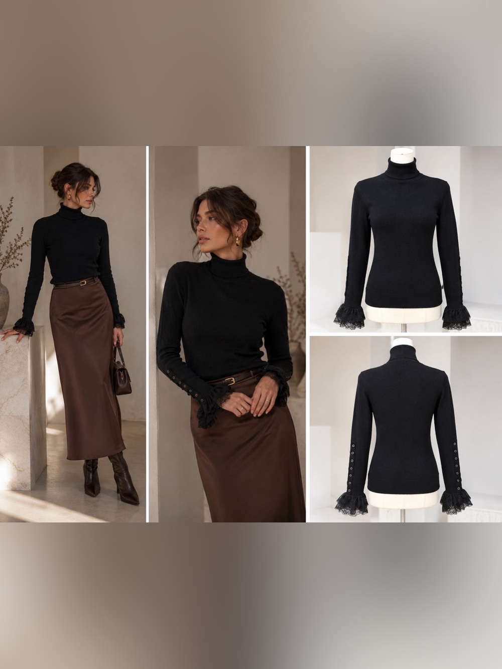 Oscar de la Renta Black Wool Turtleneck Sweater w/ Lace Ruffle Cuffs Size S